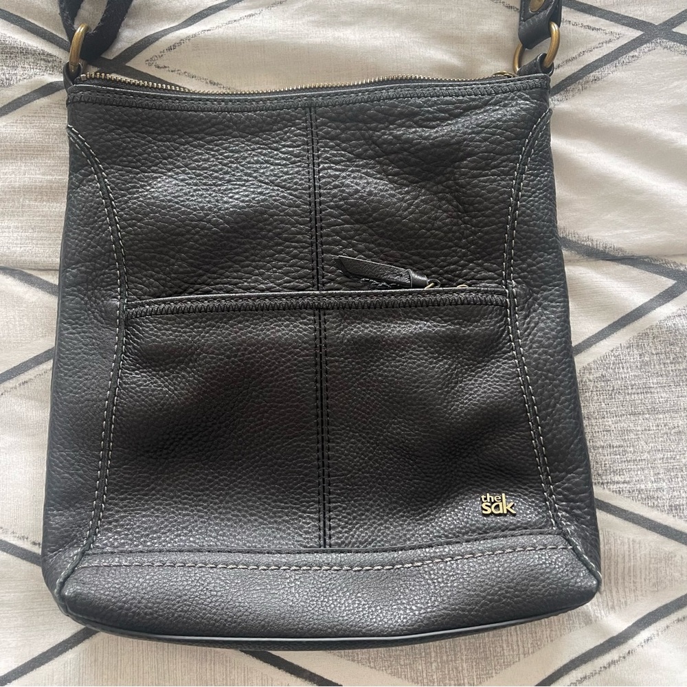 The Sak Black Textured Crossbody Bag with Stitched Panels